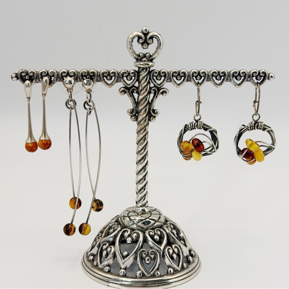 Lot of 3 Silver & Amber Dangle Earrings Estate Tested